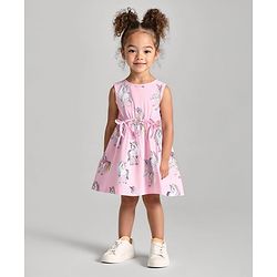 Bonfino 100% Cotton Knit Sleeveless Frock With Unicorn Print - Pink