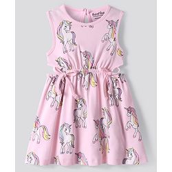 Bonfino 100% Cotton Knit Sleeveless Frock With Unicorn Print - Pink