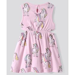Bonfino 100% Cotton Knit Sleeveless Frock With Unicorn Print - Pink