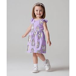 Bonfino 100% Cotton Knit Sleeveless Frock With Unicorn Print & Bow Applique - Lilac