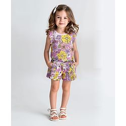 Bonfino 100% Cotton Knit Sleeveless Floral Printed T-Shirt & Shorts Co-Ords Set - Ivory