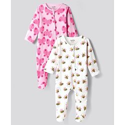 Bonfino 100% Cotton Knit Full Sleeves Footed Sleep Suits With Honeybee & Butterfly Print Pack of 2 - Ivory & Pink