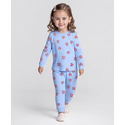 Bonfino Cotton Knit Full Sleeves Co-Ords Night Suit with Butterfly Print - Light Blue