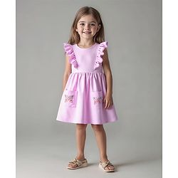Bonfino 100% Cotton Knit Frill Sleeves Frock With Butterfly Print - Light Pink