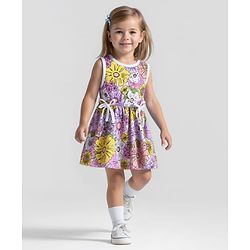 Bonfino 100% Cotton Knit Sleeveless Dress with Floral Print - Ivory