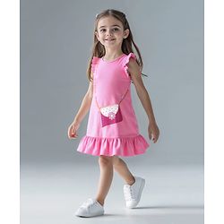Bonfino 100% Cotton Knit Frill Sleeves Dress with Butterfly Floral & Sling Bag Glitter Print - Pink