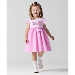 Bonfino 100% Cotton Knit Frill Sleeves Frock With Love Print - Light Pink