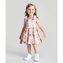 Bonfino 100% Cotton Knit Sleeveless Dress With Floral Print - Peach