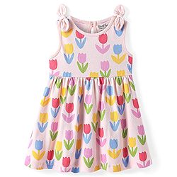 Bonfino 100% Cotton Knit Sleeveless Dress With Floral Print - Peach