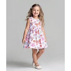 Bonfino 100% Cotton Knit Sleeveless Dress with Floral & Butterfly Print - Ivory