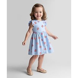 Bonfino 100% Cotton Knit Frill Sleeves Frock with Bloomer & Butterfly Print - Light Blue