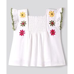 Bonfino 100% Cotton Woven Sleeveless Top With Floral Embroidery & Lace Detailing - White
