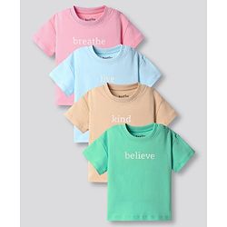 Bonfino Cotton 100% Half Sleeves Drop Shoulder Oversized T-Shirts With Breath Love Believe Text Print Pack Of 4 - Light Blue Green & Pink