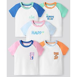 Bonfino 100% Cotton  Knit Half Raglan Sleeves T-Shirts With Full of Joy Text Print Pack Of 5 - White Pink & Blue