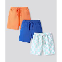 Bonfino 100% Cotton Knit Above Knee Length Checkered Shorts Pack of 3 - Light Blue Orange & Blue