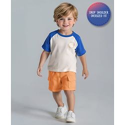 Bonfino 100% Cotton Knit Half Drop Shoulder Sleeves Oversized T-Shirt & Shorts Set with Text Print - White & Orange