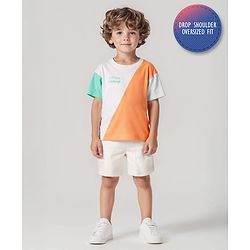 Bonfino 100% Cotton Knit Drop Shoulder Oversized Half Sleeves T-Shirt & Shorts Set With Cut & Sew Design & Little Champ Print - Off White & Orange