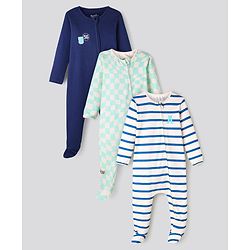Bonfino 100% Cotton Knit Full Sleeves Footed Sleep Suits with Stripes & Checks Pack of 3 - Navy Blue & White