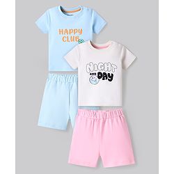 Bonfino 100% Cotton Knit Half Sleeves Shorts Night Suits with Text Print Pack of 2 - Light Blue & Pink