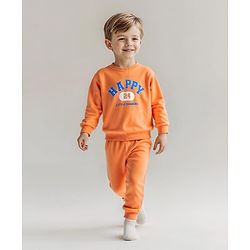 Bonfino 100% Cotton Knit Full Sleeves Nightsuit with Happy Text Print - Peach