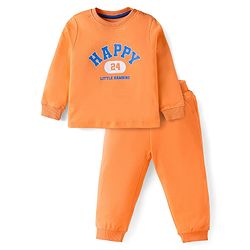 Bonfino 100% Cotton Knit Full Sleeves Nightsuit with Happy Text Print - Peach