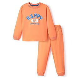 Bonfino 100% Cotton Knit Full Sleeves Nightsuit with Happy Text Print - Peach