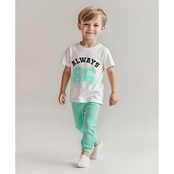 Bonfino 100% Cotton Knit Half Sleeves Night Suit with Text Print - Offwhite & Mint