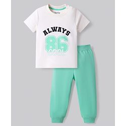 Bonfino 100% Cotton Knit Half Sleeves Night Suit with Text Print - Offwhite & Mint