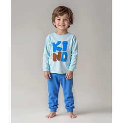 Bonfino 100% Cotton Knit Full Sleeves Nightsuit with Be Kind Text Print - Blue