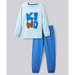Bonfino 100% Cotton Knit Full Sleeves Nightsuit with Be Kind Text Print - Blue