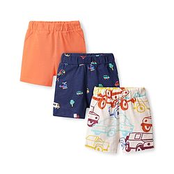 Bonfino 100% Cotton Knit Above Knee Length Vehicle Printed Shorts Pack of 3 - Navy Blue Orange & White