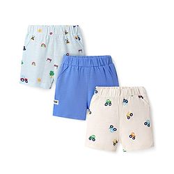 Bonfino 100% Cotton Knit Above Knee Length Vehicle Printed Shorts Pack of 3 - Light Blue White & Blue