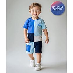 Bonfino 100% Cotton Knit Half Drop Shoulder Sleeve Oversized Cut & Sew T-Shirt & Shorts Set with Car Print - Navy Blue White & Blue