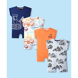 Bonfino 100% Cotton  Knit Half Sleeves Rompers with Vehicle Print Pack Of 4 - Orange White & Navy Blue
