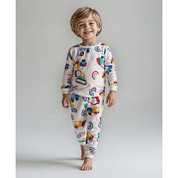 Bonfino 100% Cotton Knit Full Sleeves Co-ords Night Suit with Vehicle Print - White