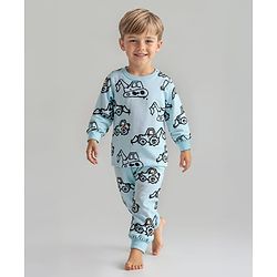 Bonfino 100% Cotton Knit Full Sleeves Co-ords Night Suit with Construction Vehicle Print - Light Blue