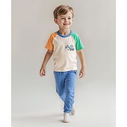 Bonfino 100% Cotton Knit Half Raglan Sleeves Color Block Nightsuit with Vehicle Print - Blue & White