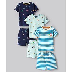Bonfino 100% Cotton Knit Half Sleeves Shorts Co-ord Night Suit With Stripes & Vehicle Print  Pack Of 3- Blue White & Navy Blue