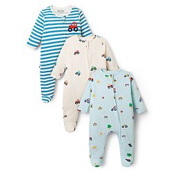 Bonfino 100% Cotton Knit Full Sleeves Vehicle Printed Footed Sleep Suits Pack of 3 - White & Light Blue