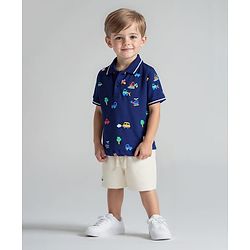 Bonfino 100% Cotton Knit Half Sleeves Polo T-Shirt & Shorts Set with Car Print - Navy Blue & Offwhite