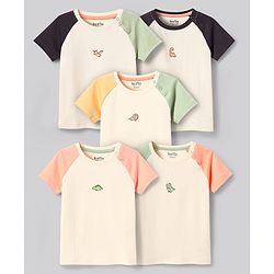 Bonfino 100% Cotton Knit Half Raglan Sleeves Colour Block T-Shirts With Animal Print Pack Of 5 - White & Mint