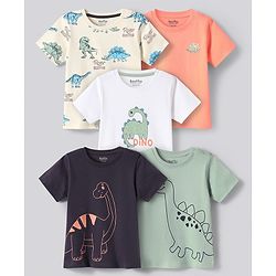 Bonfino 100% Cotton Knit Half Sleeves T-Shirts with Dino Print Pack Of 5 - White Peach & Olive Green