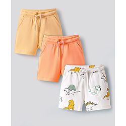 Bonfino Cotton Knit Above Knee Length Shorts with Dino Print Pack of 3 - Coral Beige & White