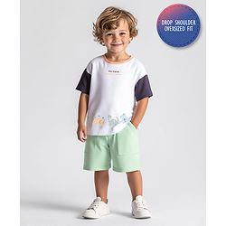 Bonfino 100% Cotton Knit Half Drop Shoulder Sleeves Oversized T-Shirt & Shorts Set with Dino Print - White & Light Green