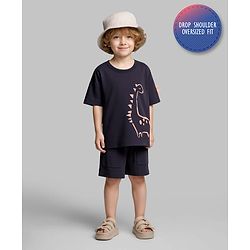 Bonfino 100% Cotton Knit Half Drop Shoulder Sleeves Oversized T-Shirt & Shorts Set with Dino Print - Charcoal Grey