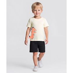 Bonfino Cotton Knit Half Sleeves T-Shirt & Shorts Set With Dino Print & Applique - White