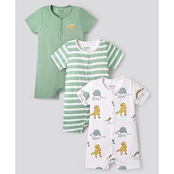 Bonfino 100% Cotton Half Sleeves  Rompers with Stripes & Animal Print Pack of 3 - Light Green & White