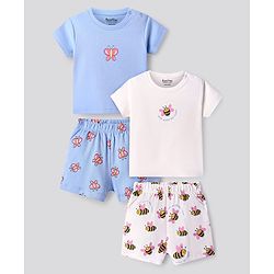 Bonfino 100% Cotton Half Sleeves Shorts Night Suit With Bee & Butterfly Print Pack Of 2 - Ivory & Light Blue