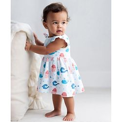 Bonfino 100% Cotton Knit Frill Sleeves Dress with Bloomer & Sea Life Print - White