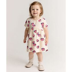 Bonfino 100% Cotton Knit Half Drop Shoulder Sleeves Frock with Fish Print - Beige